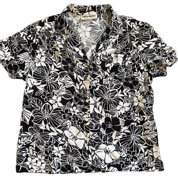 Cathy Daniel’s M black white button up floral vintage short sleeve Hawaiian cott - Picture 2 of 4